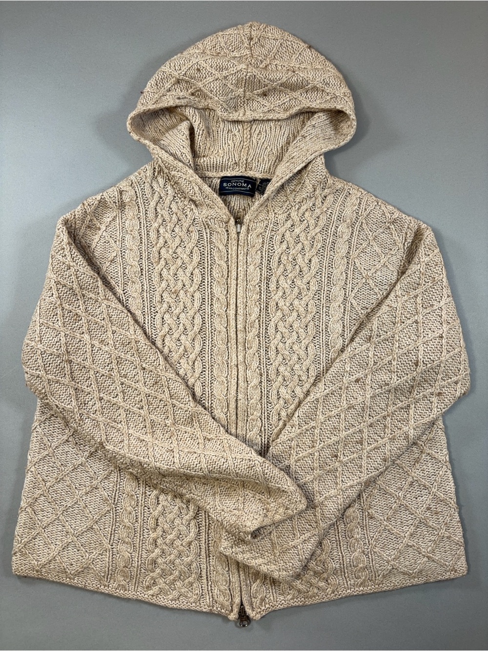 Vintage Y2K Sonoma Silk Angora Ramie Cable Knit Hooded Zip Sweater Oatmeal